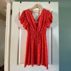 Bailey Blue, red baby doll dress w/ petite floral prints, romantic puff sleeves